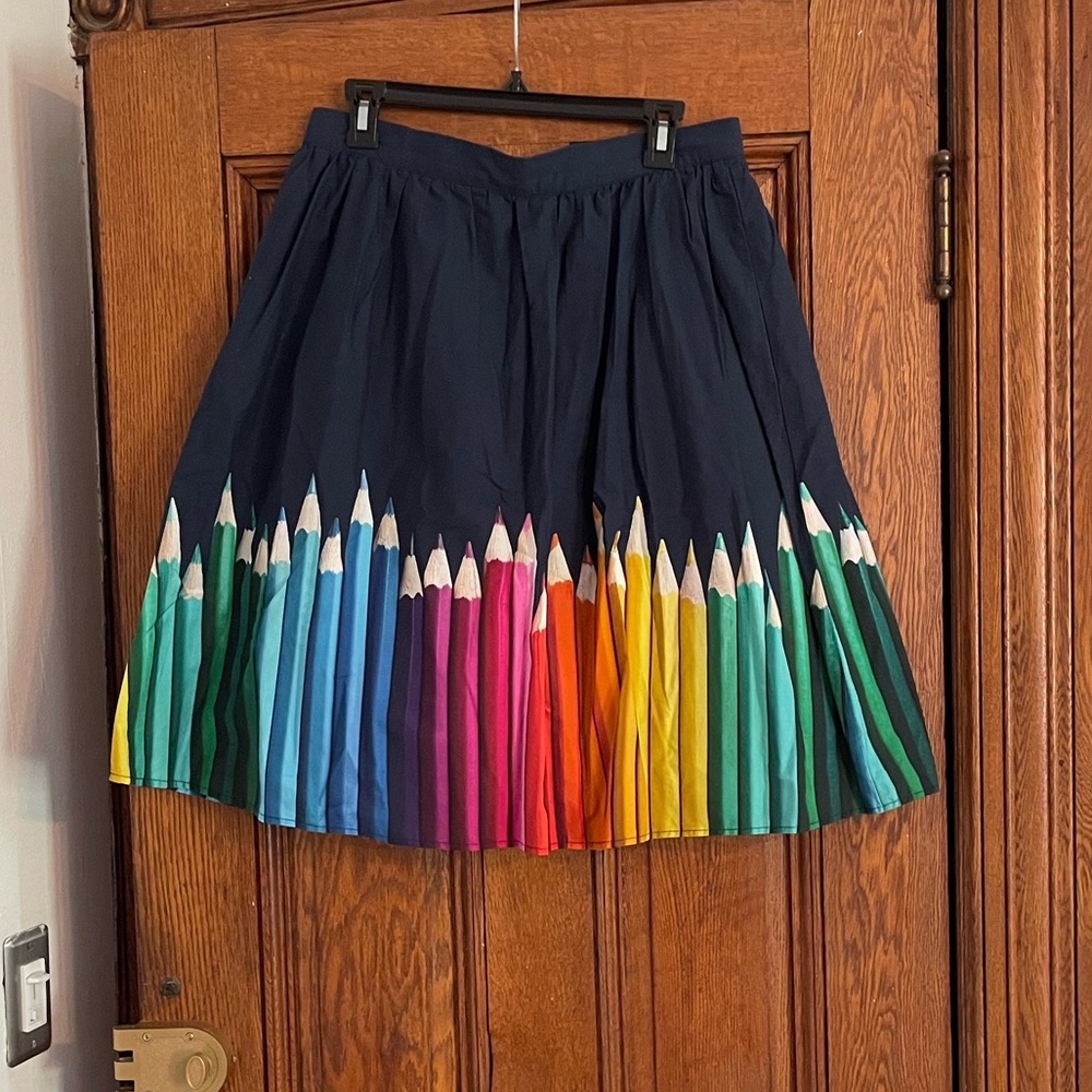 ModCloth navy blue flared skirt with colored pencil pattern